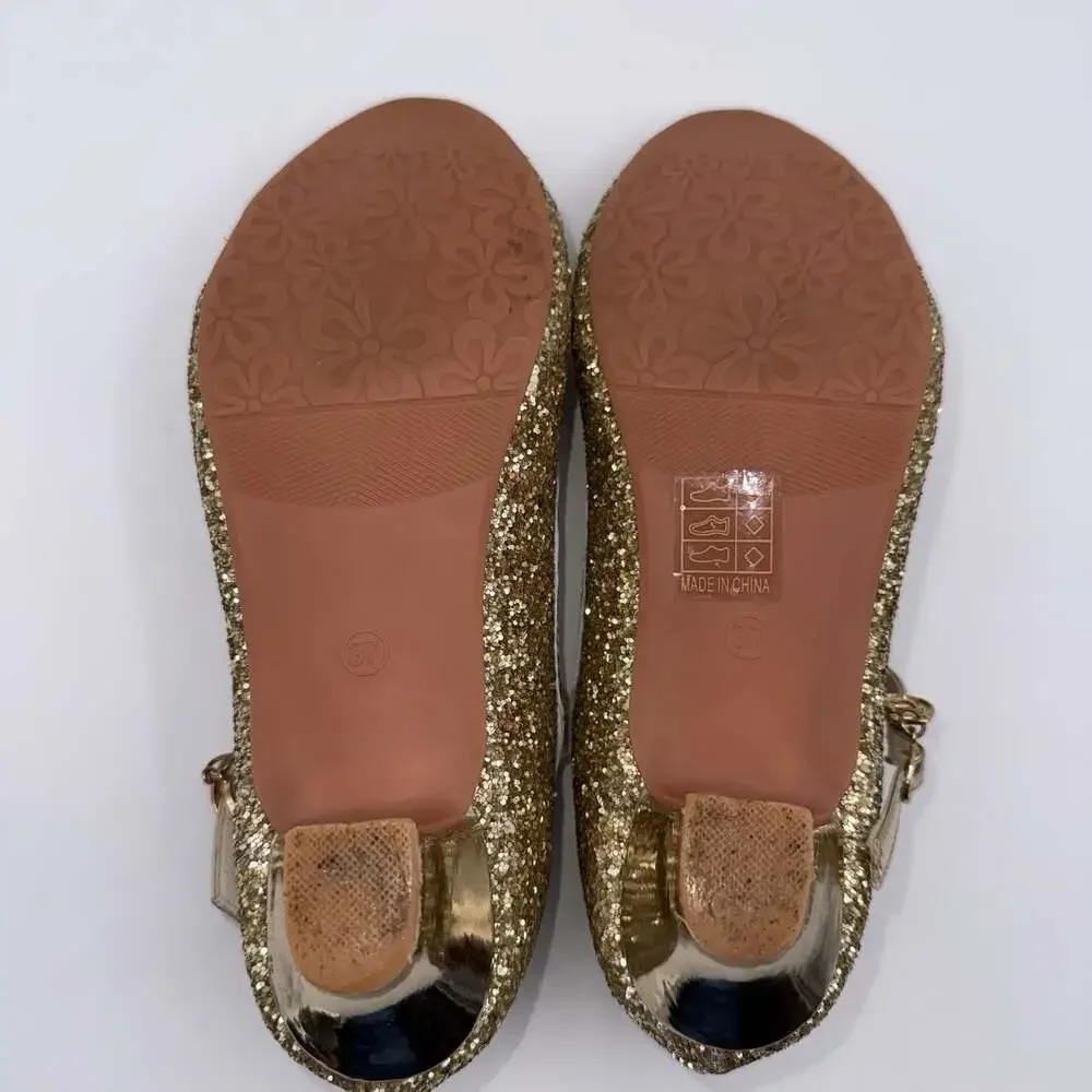 Gold Glitter Mary Jane Big Girls EU 37 Low Heel Dress Shoes Princess Party